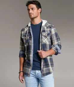 Tops | BKE Vintage Plaid Athletic Hooded Shirt Navy Tan