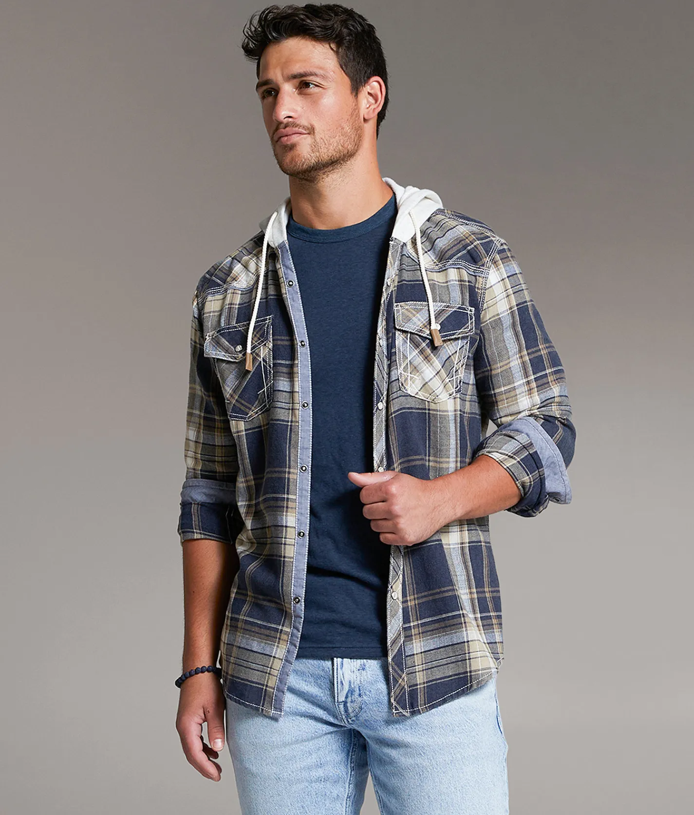 Tops | BKE Vintage Plaid Athletic Hooded Shirt Navy Tan