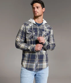 Tops | BKE Vintage Plaid Athletic Hooded Shirt Navy Tan