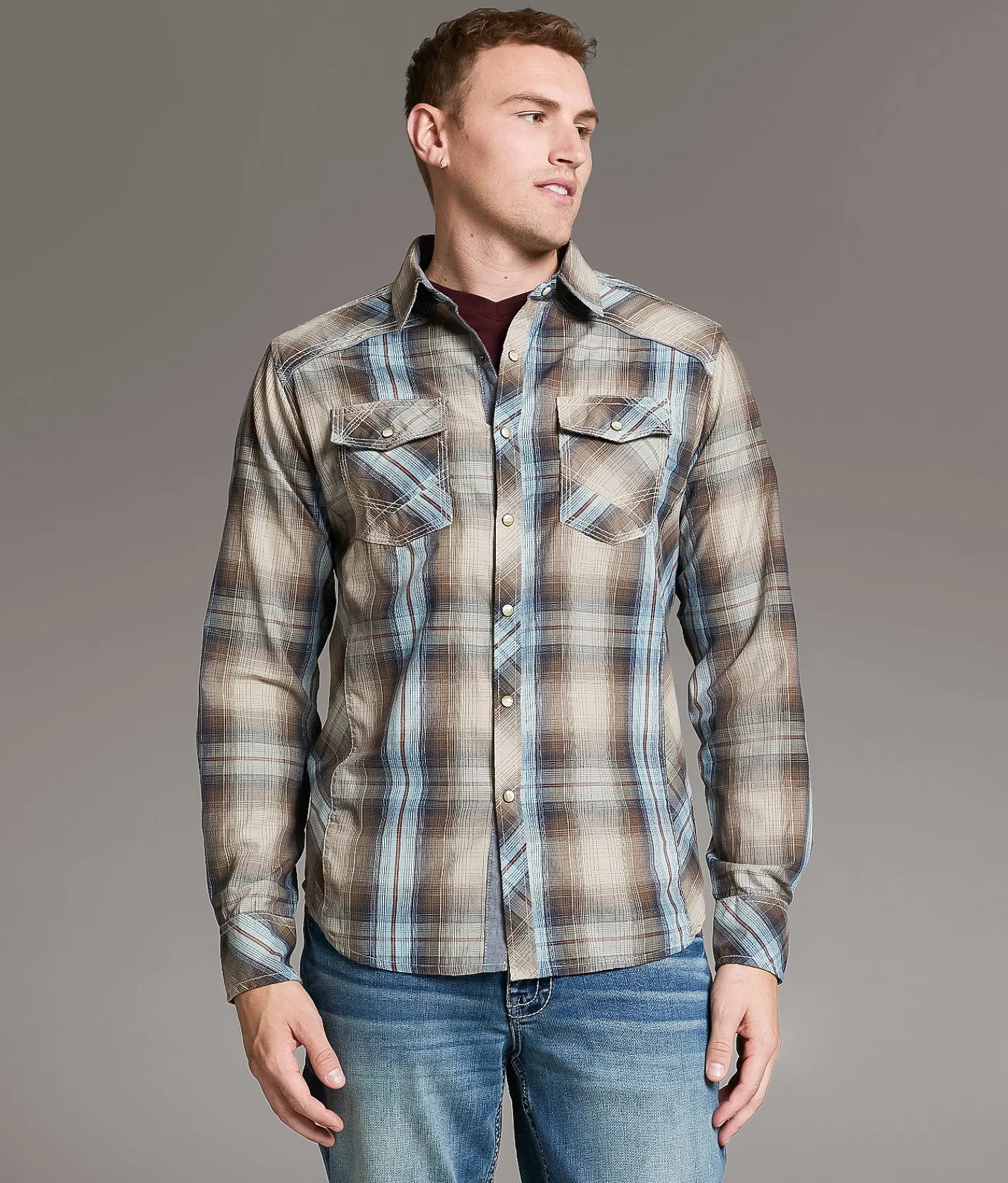 BKE Plaid Athletic Shirt Tan Blue Discount