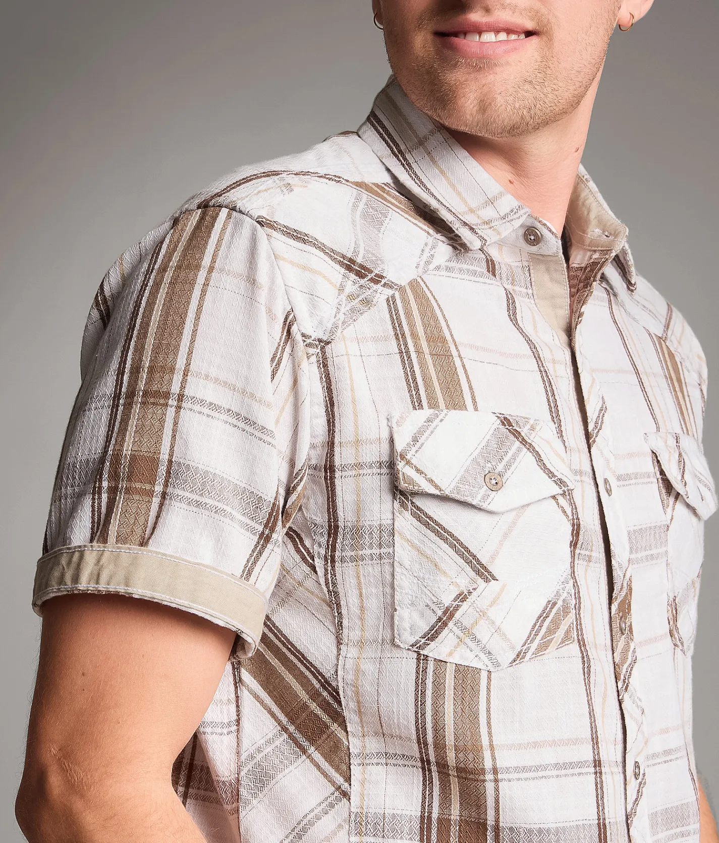 BKE Plaid Athletic Shirt Cream Brown Clearance