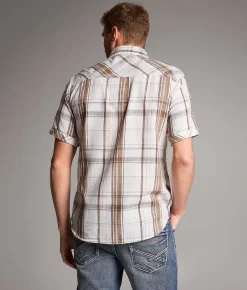 BKE Plaid Athletic Shirt Cream Brown Clearance