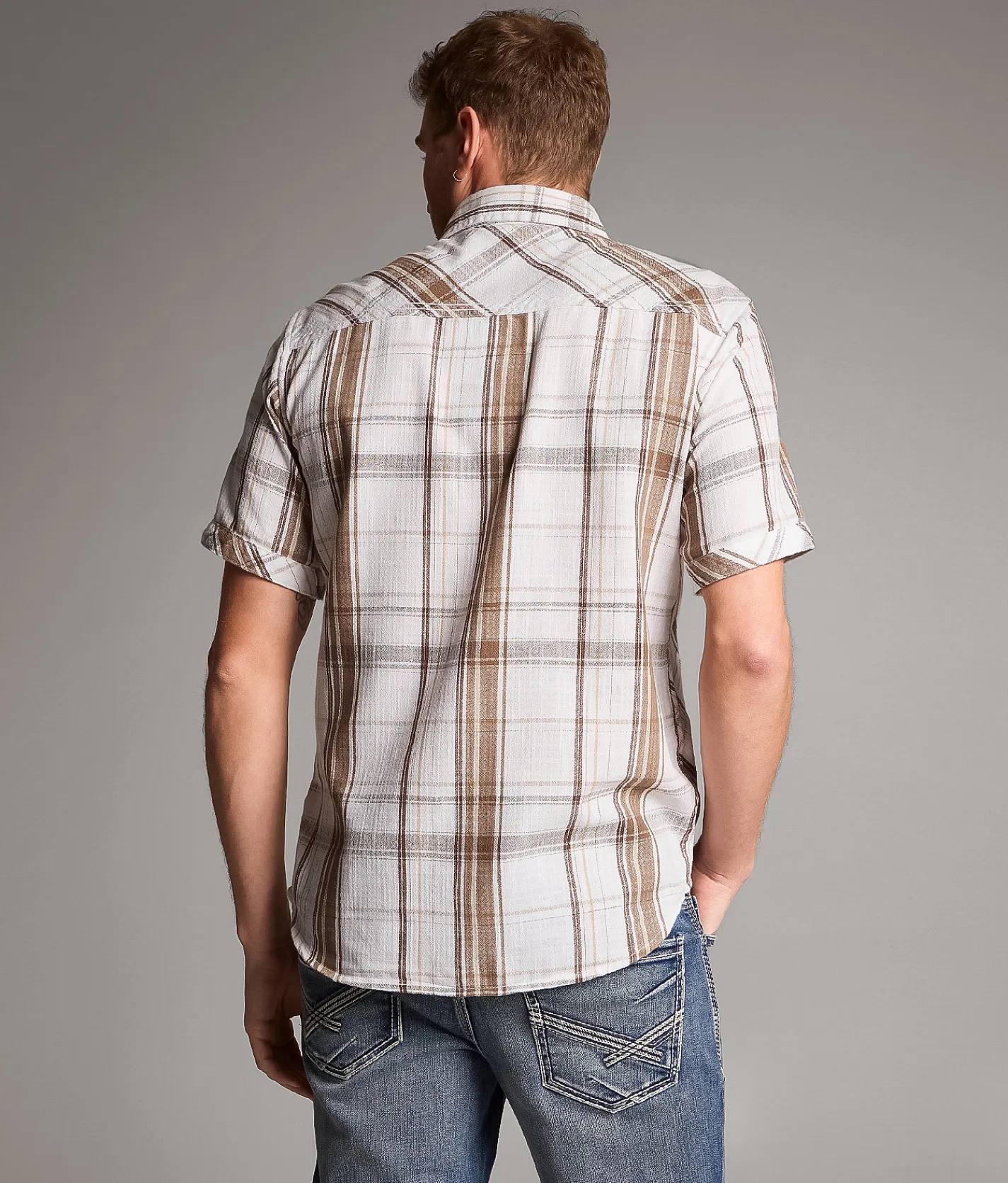 BKE Plaid Athletic Shirt Cream Brown Clearance