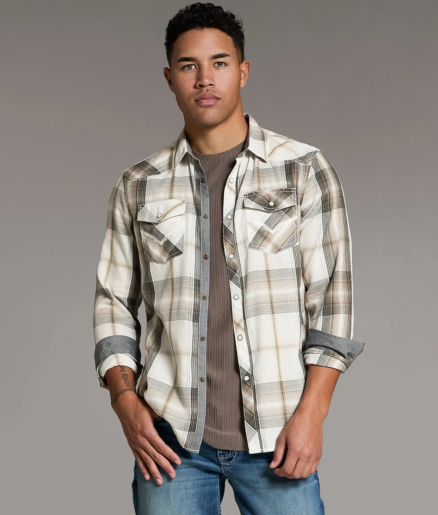 BKE Plaid Athletic Shirt White Black Brown Discount