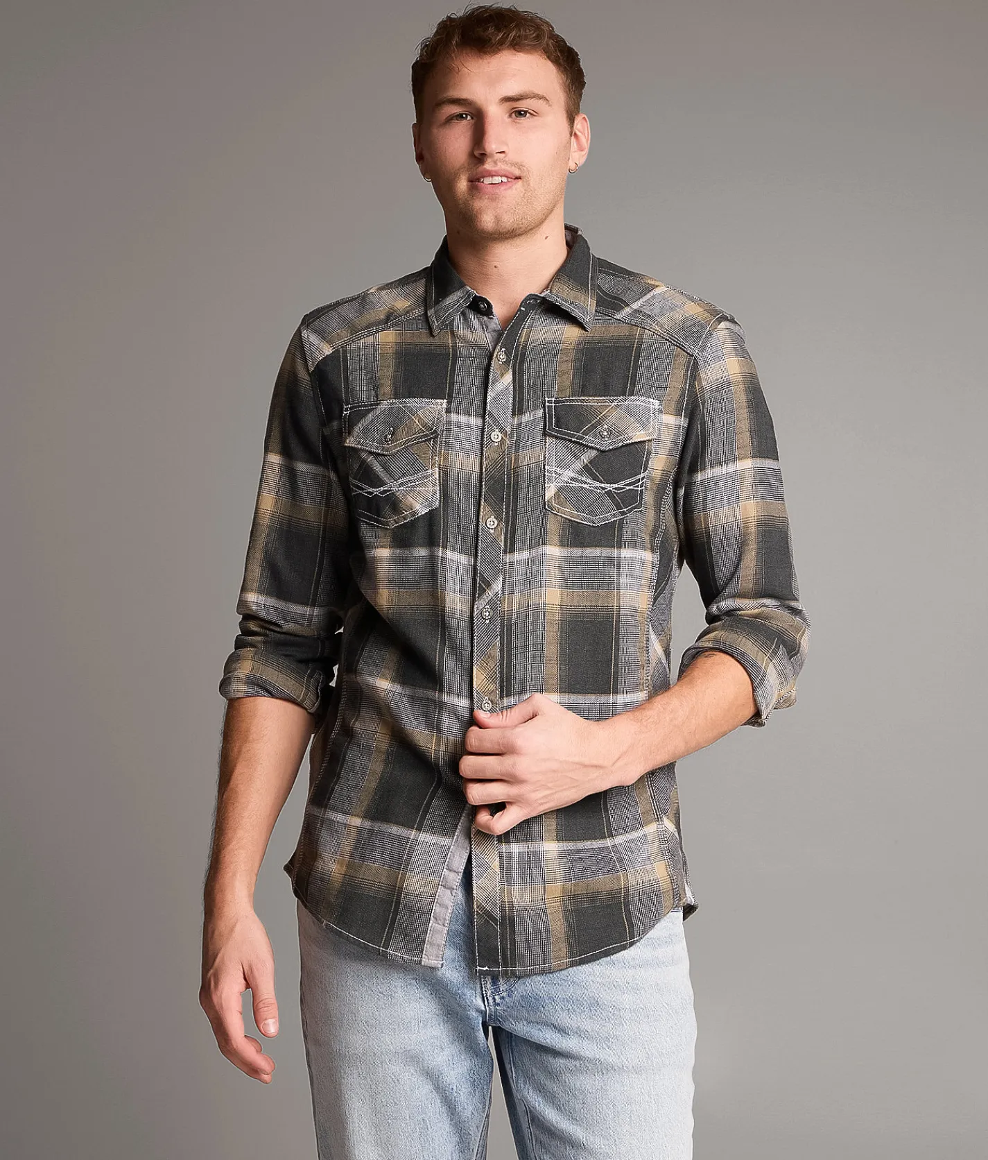 Tops | BKE Plaid Athletic Shirt Grey Tan