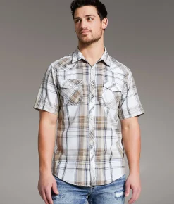 BKE Vintage Plaid Athletic Shirt White Brown