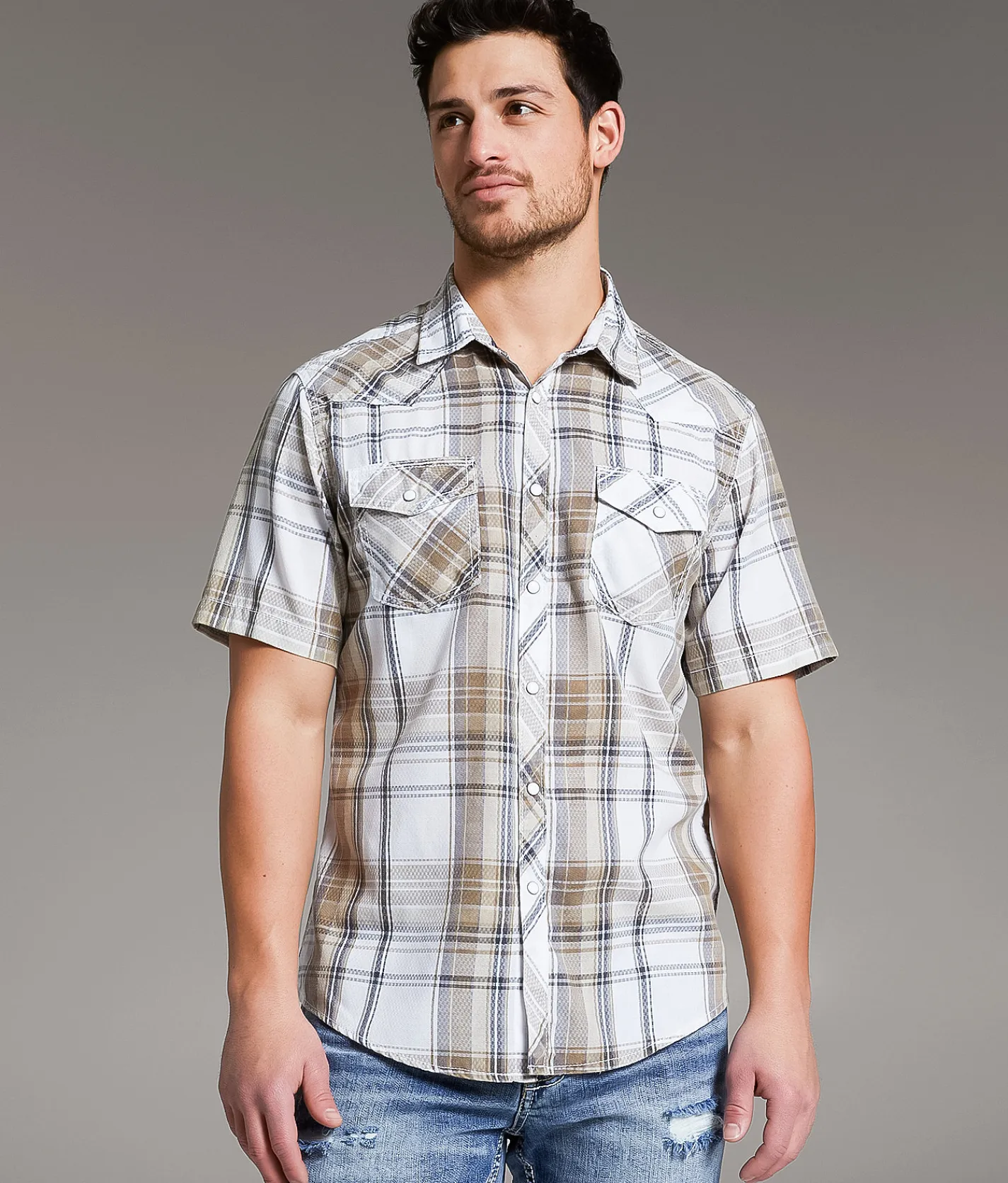 BKE Vintage Plaid Athletic Shirt White Brown