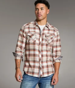 BKE Plaid Athletic Shirt Beige Rust Outlet
