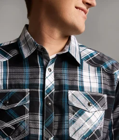 BKE Plaid Athletic Shirt Black White Teal Discount