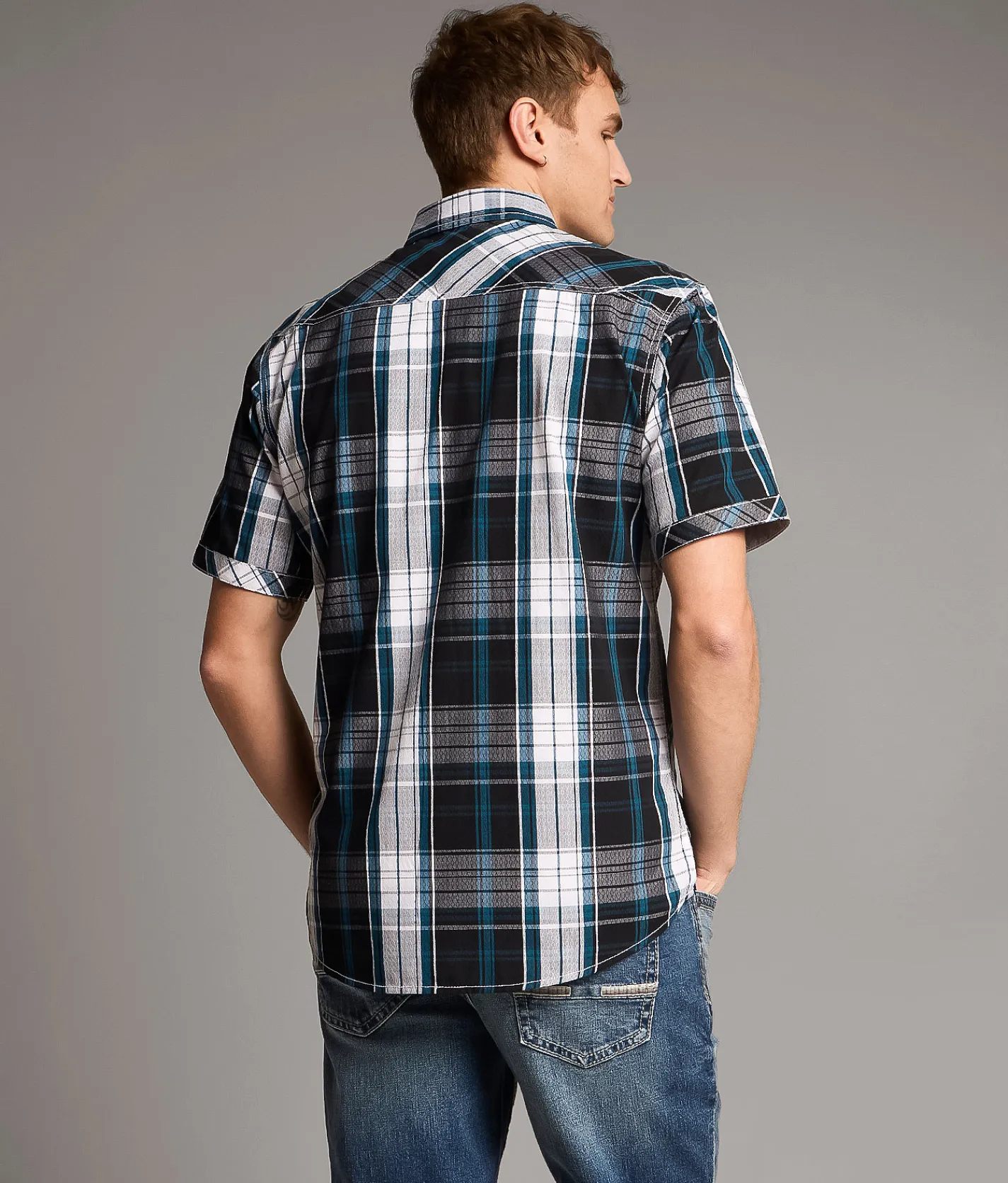 BKE Plaid Athletic Shirt Black White Teal Discount