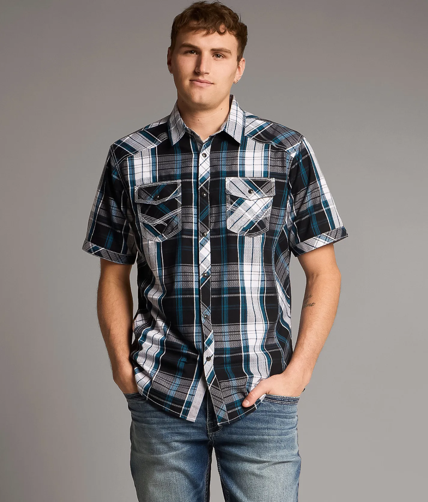 BKE Plaid Athletic Shirt Black White Teal Discount