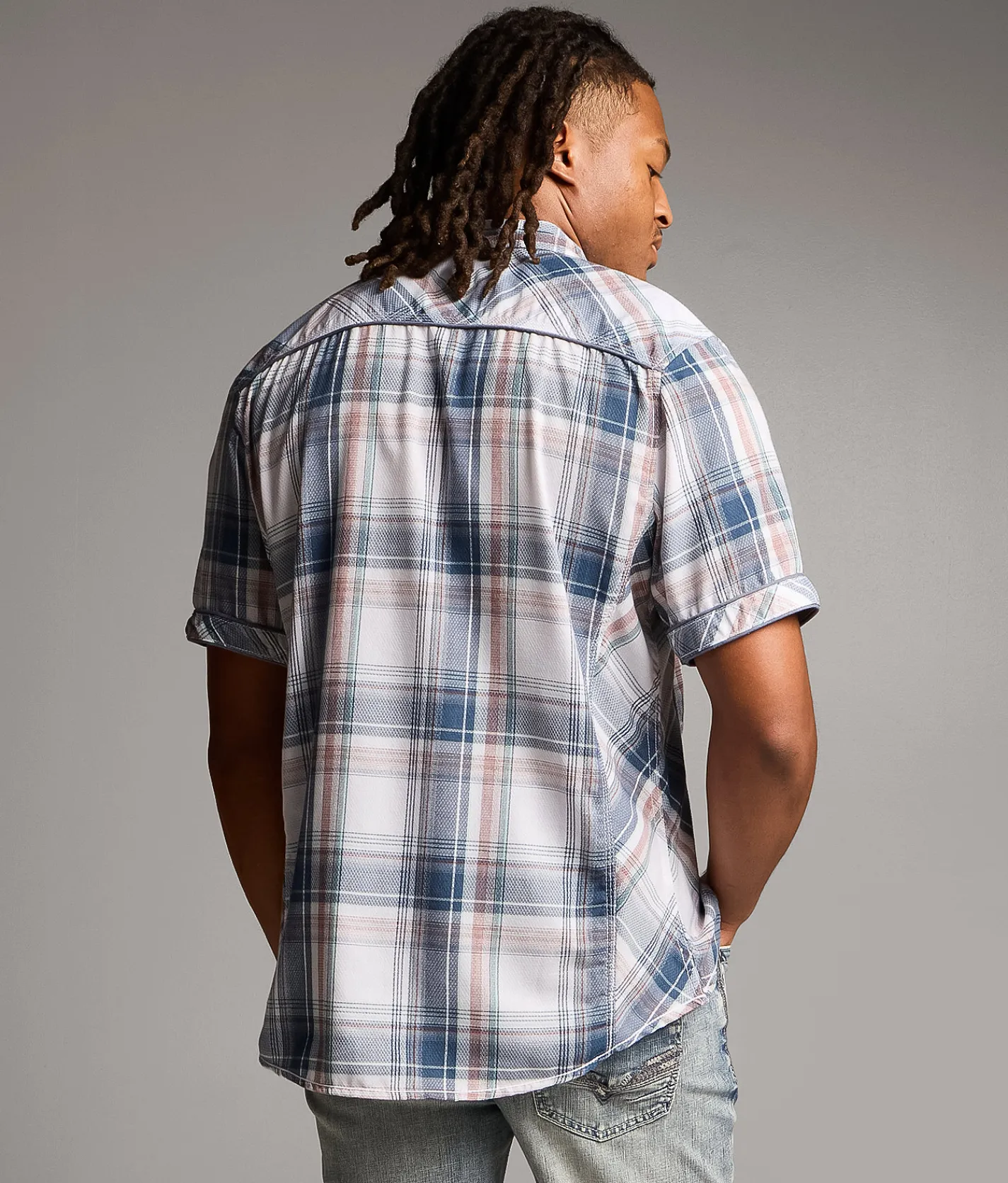 BKE Plaid Athletic Shirt White Blue Red