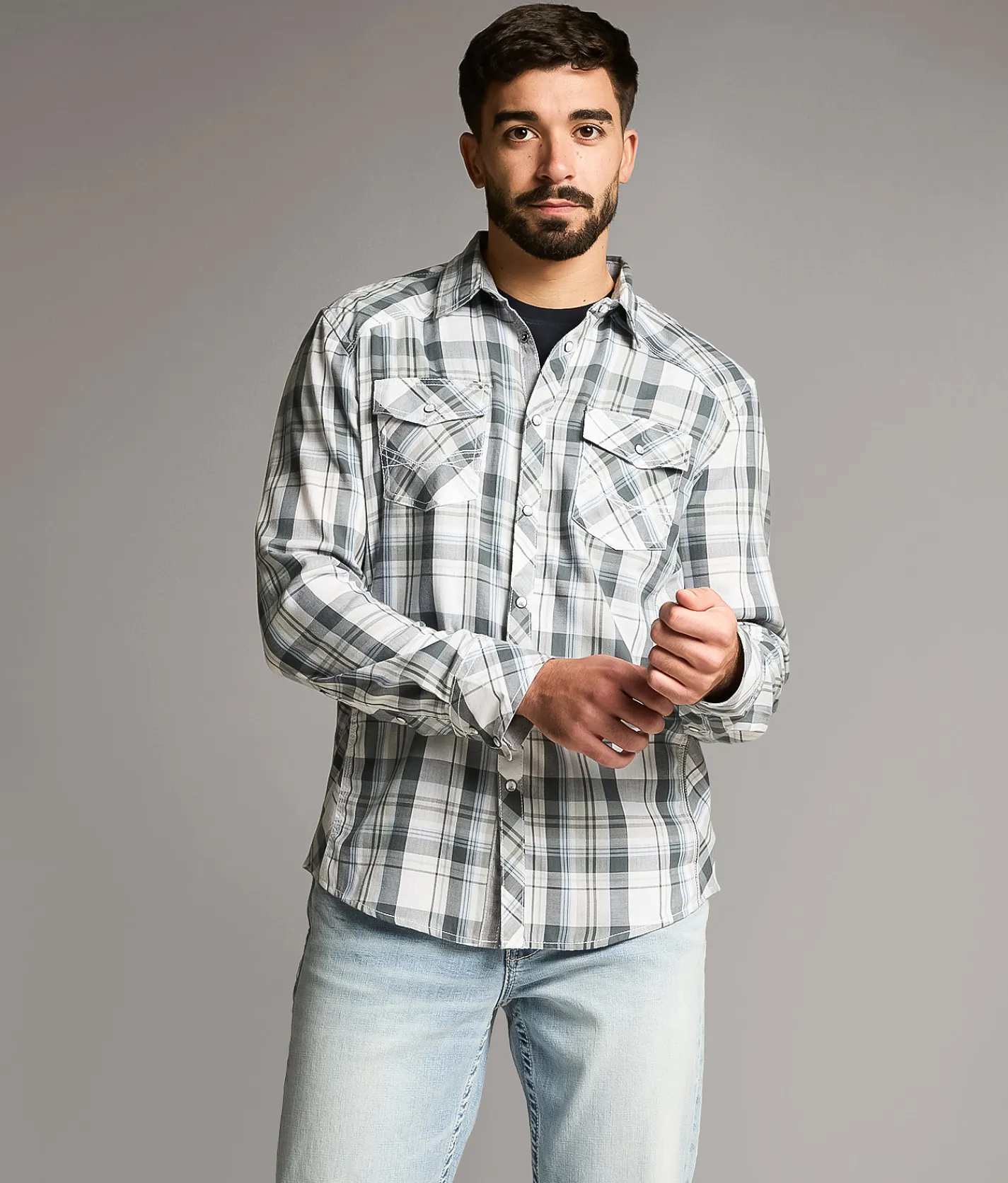BKE Plaid Athletic Shirt White Grey Blue Outlet