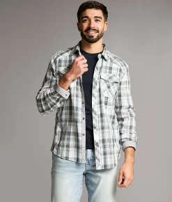 BKE Plaid Athletic Shirt White Grey Blue Outlet