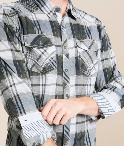 Tops | Buckle Black Plaid Athletic Stretch Shirt White Grey