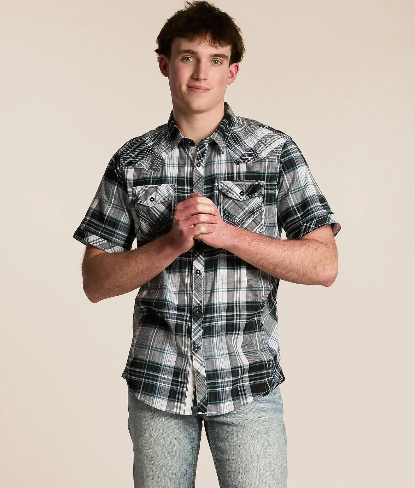 Tops | Buckle Black Plaid Athletic Stretch Shirt White Black Blue