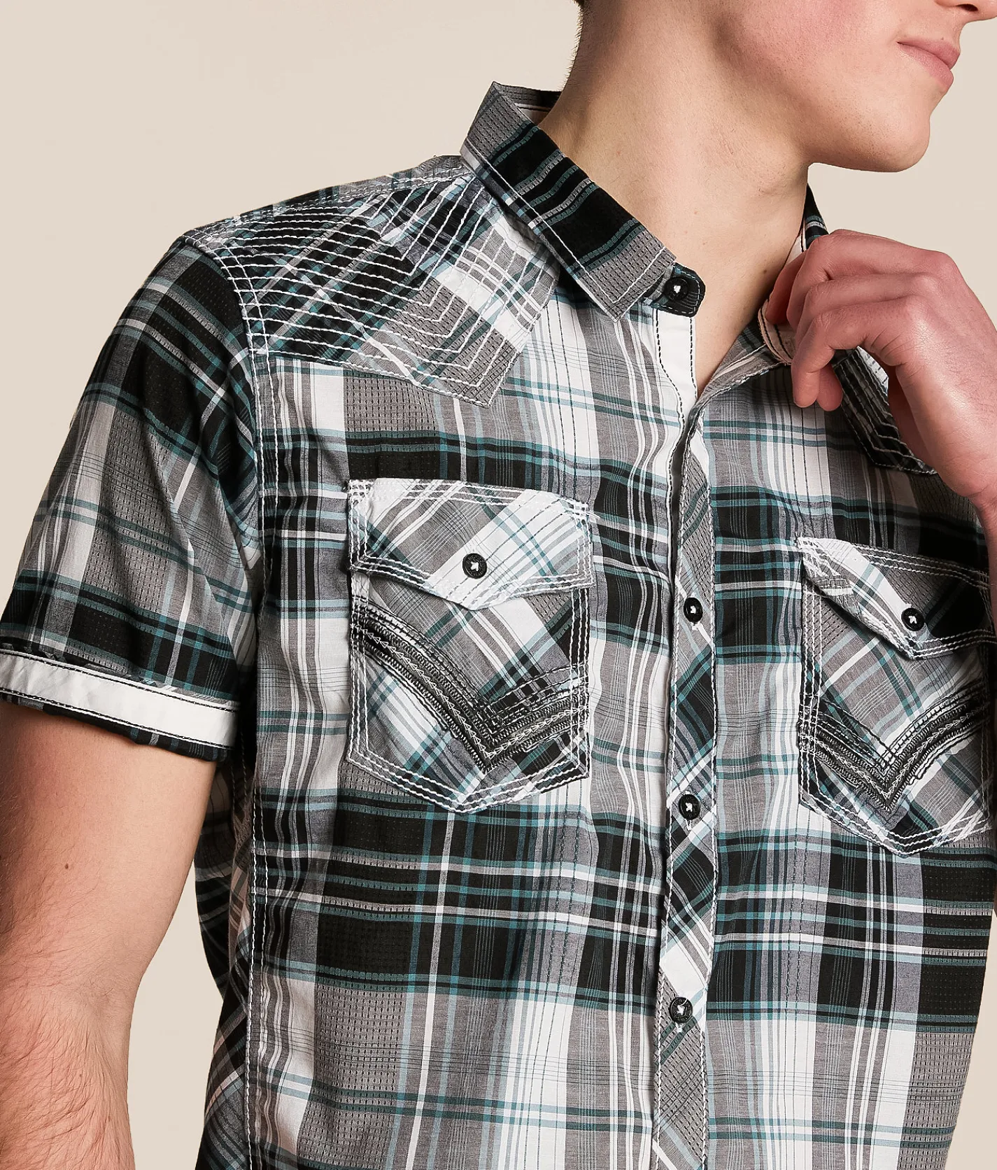 Tops | Buckle Black Plaid Athletic Stretch Shirt White Black Blue