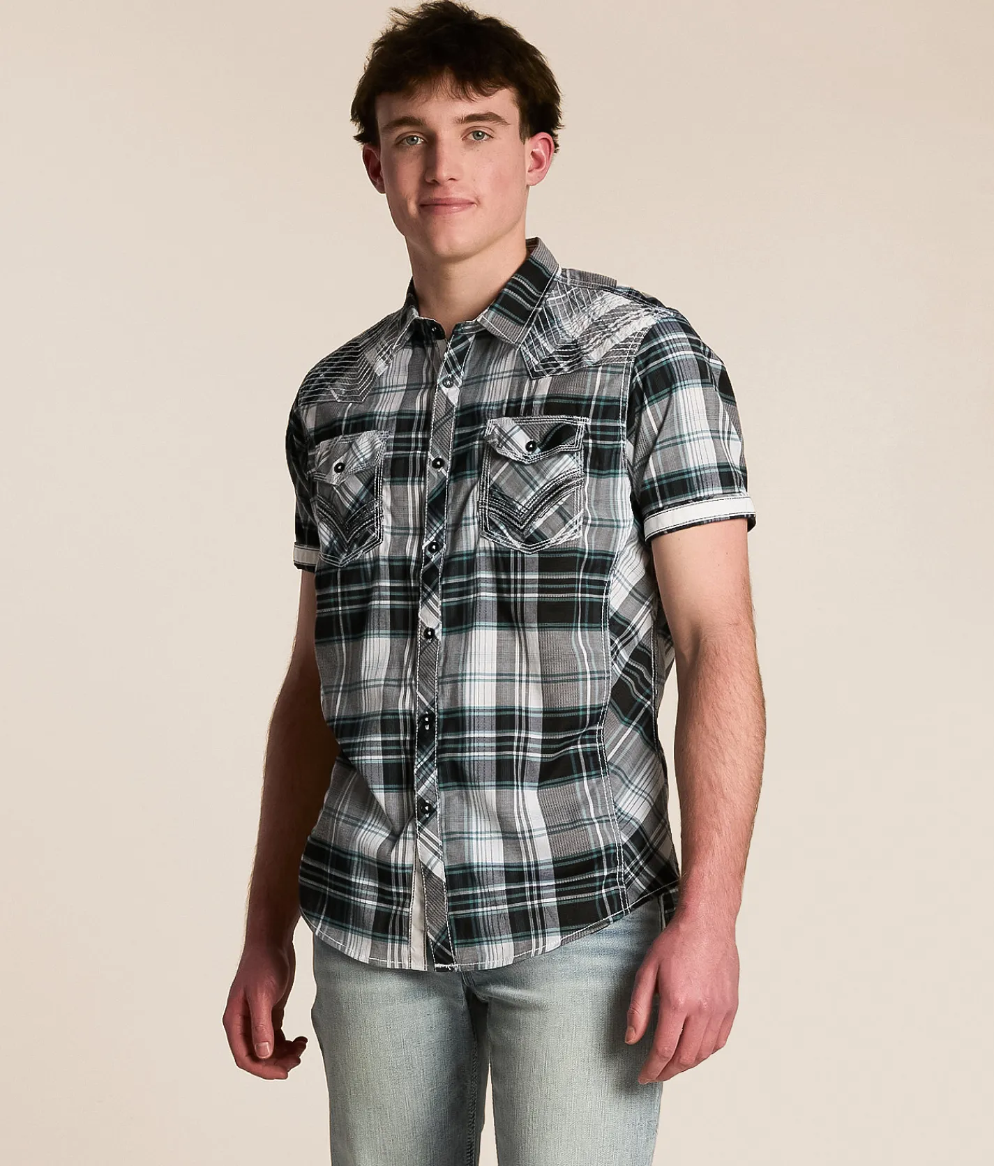 Tops | Buckle Black Plaid Athletic Stretch Shirt White Black Blue