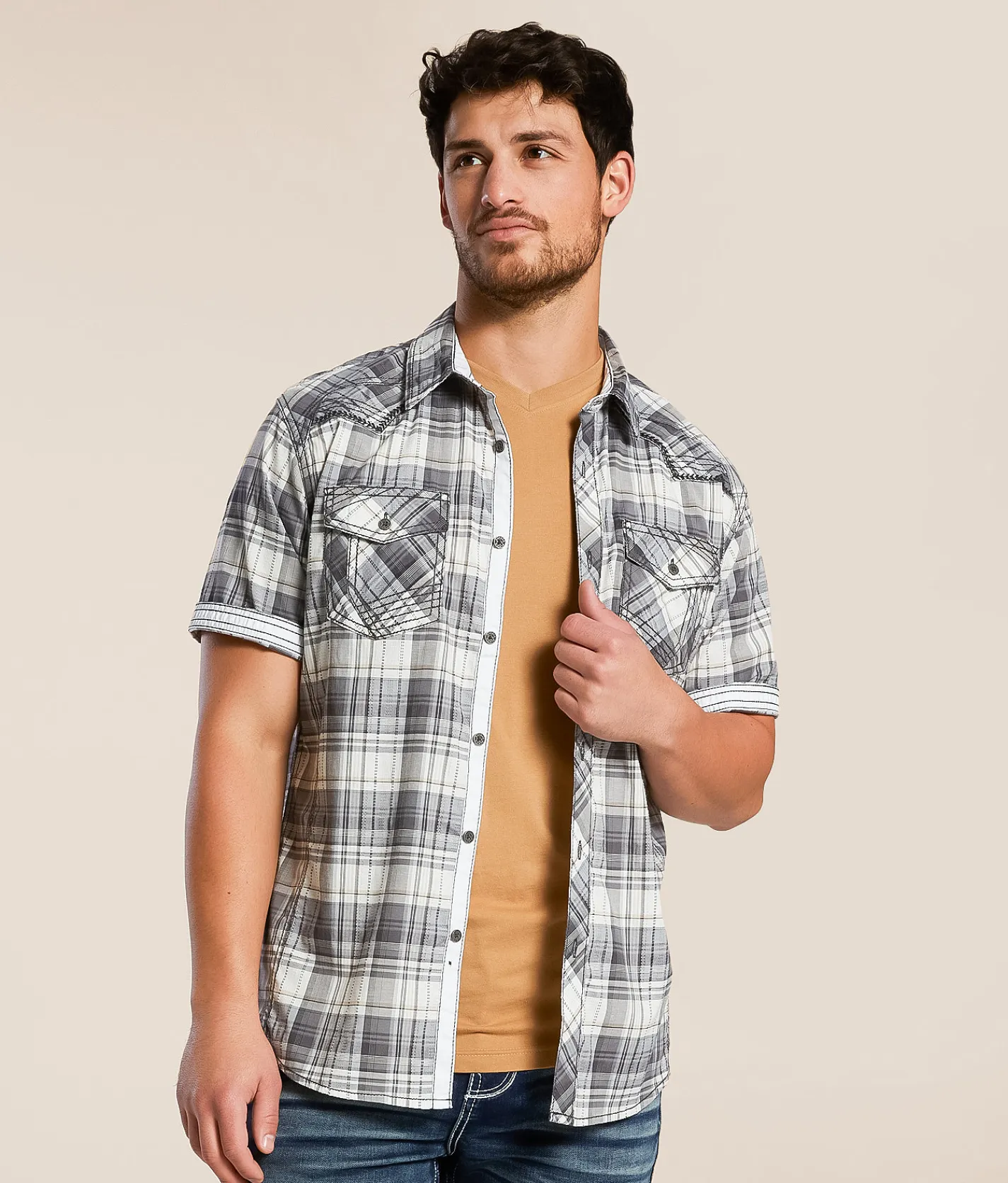 Tops | Buckle Black Plaid Athletic Stretch Shirt Grey White