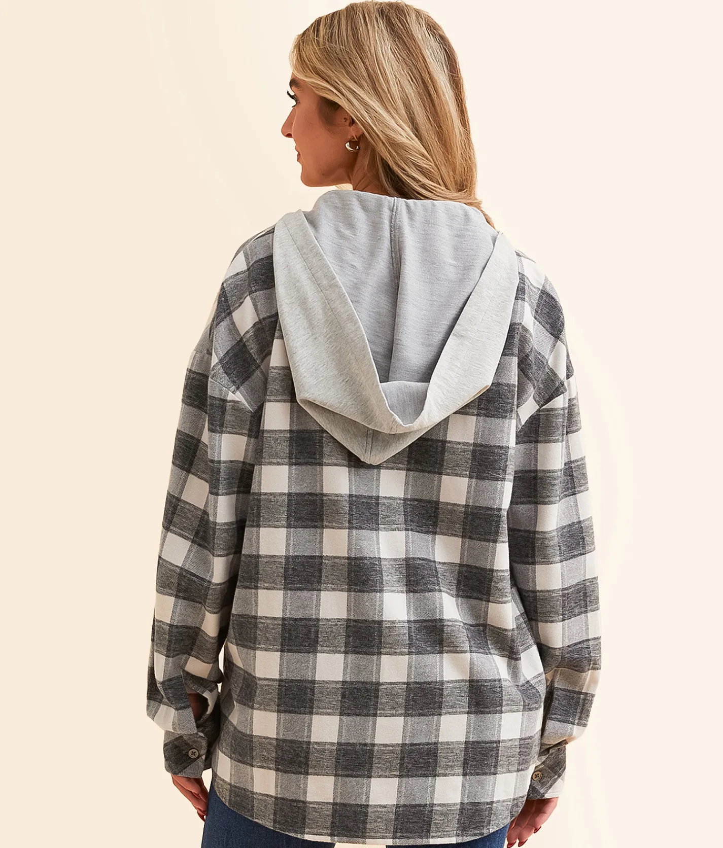 BKE Plaid Boyfriend Hooded Flannel Shirt Black Cream Hot