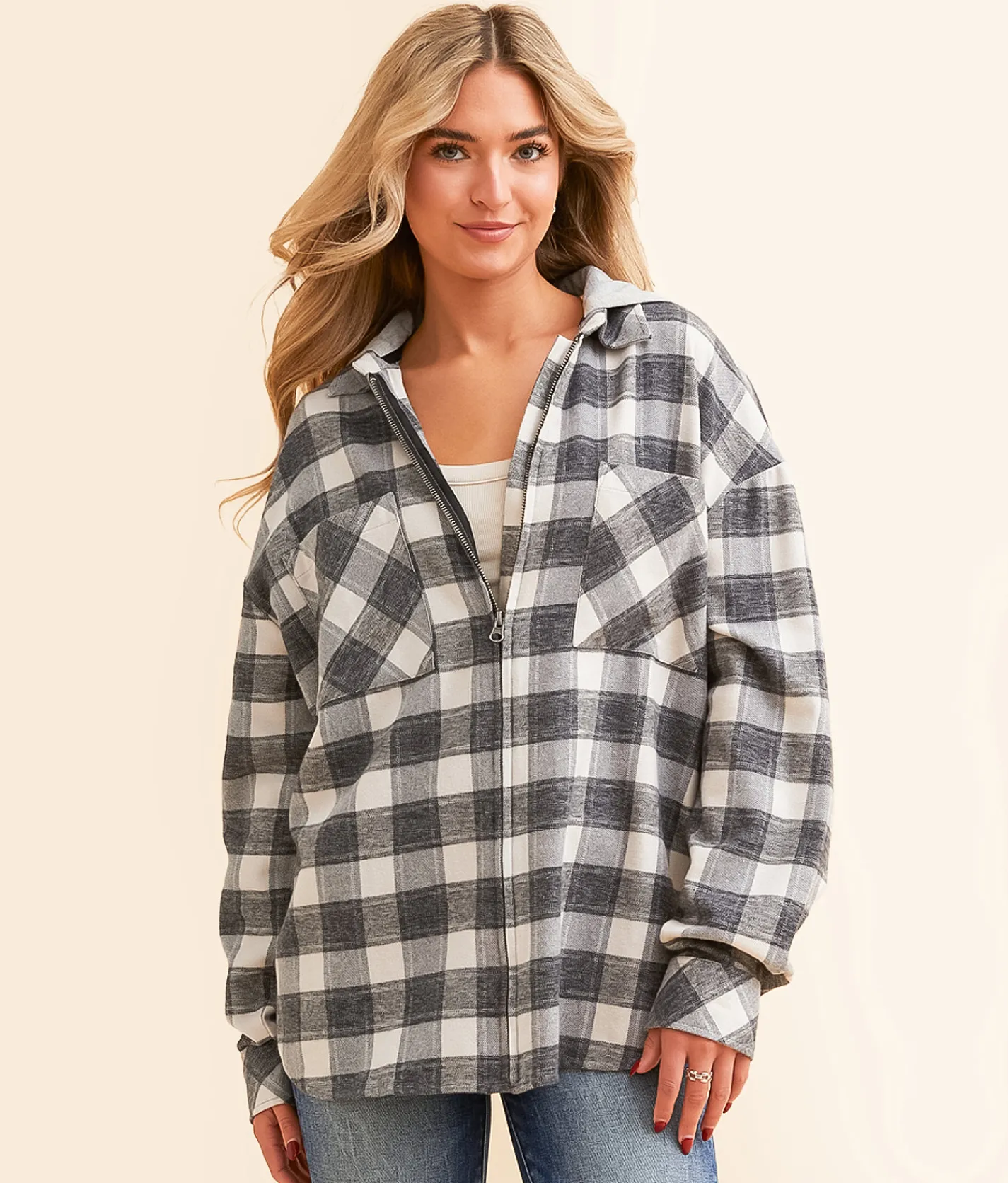 BKE Plaid Boyfriend Hooded Flannel Shirt Black Cream Hot