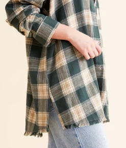 Tops | Gilded Intent Plaid Boyfriend Shirt Tan Forest Green