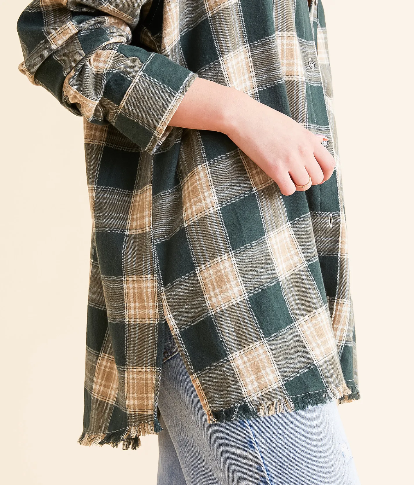 Tops | Gilded Intent Plaid Boyfriend Shirt Tan Forest Green