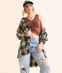 Tops | Gilded Intent Plaid Boyfriend Shirt Tan Forest Green
