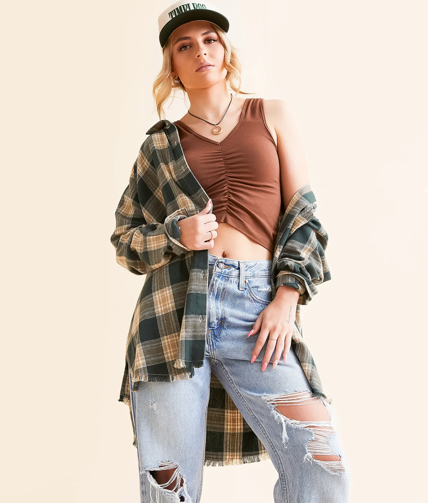 Tops | Gilded Intent Plaid Boyfriend Shirt Tan Forest Green
