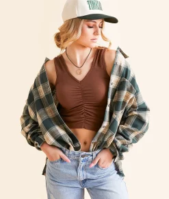 Tops | Gilded Intent Plaid Boyfriend Shirt Tan Forest Green