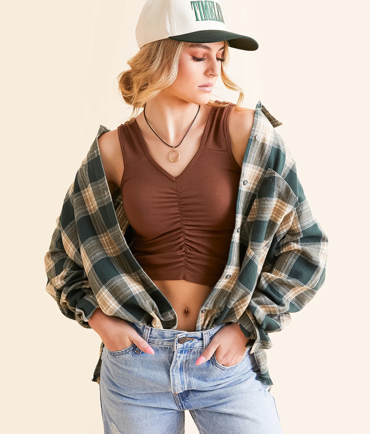 Tops | Gilded Intent Plaid Boyfriend Shirt Tan Forest Green