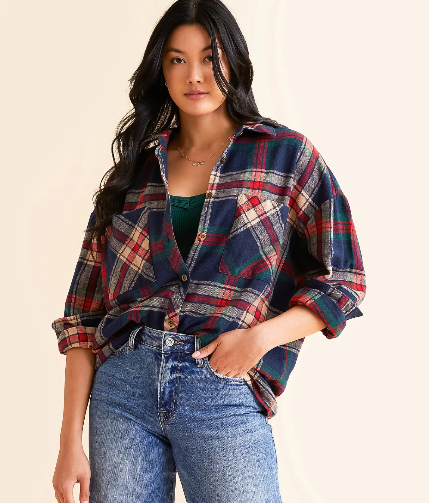 Modish Rebel Plaid Boyfriend Shirt Navy Multi Discount