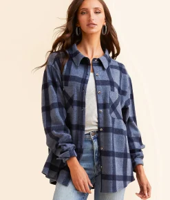 BKE Plaid Boyfriend Shirt Grey Navy Online