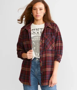BKE Plaid Boyfriend Shirt Burgundy Discount