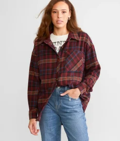 BKE Plaid Boyfriend Shirt Burgundy Discount