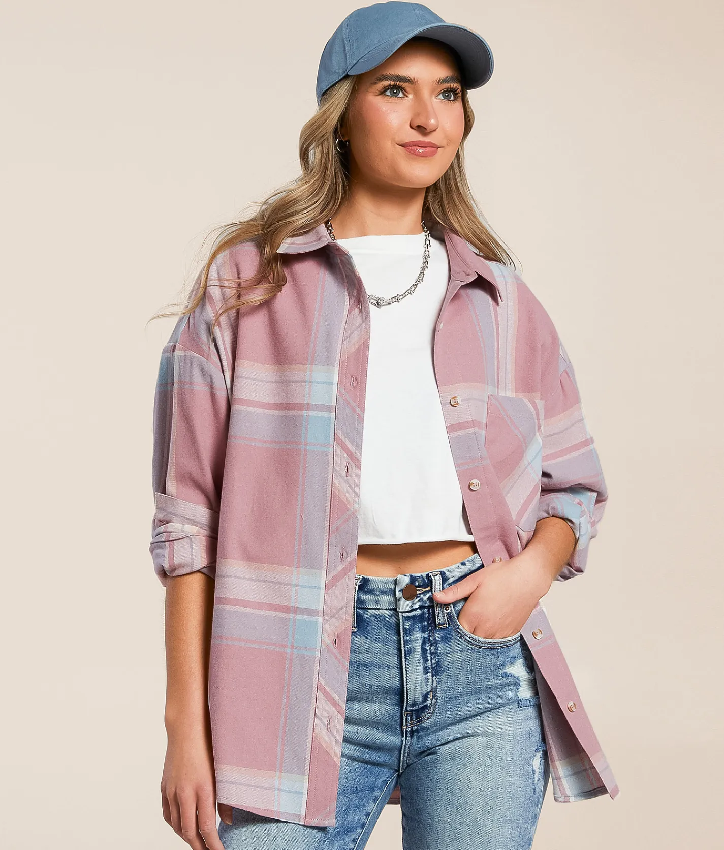 Modish Rebel Plaid Boyfriend Shirt Mauve Discount