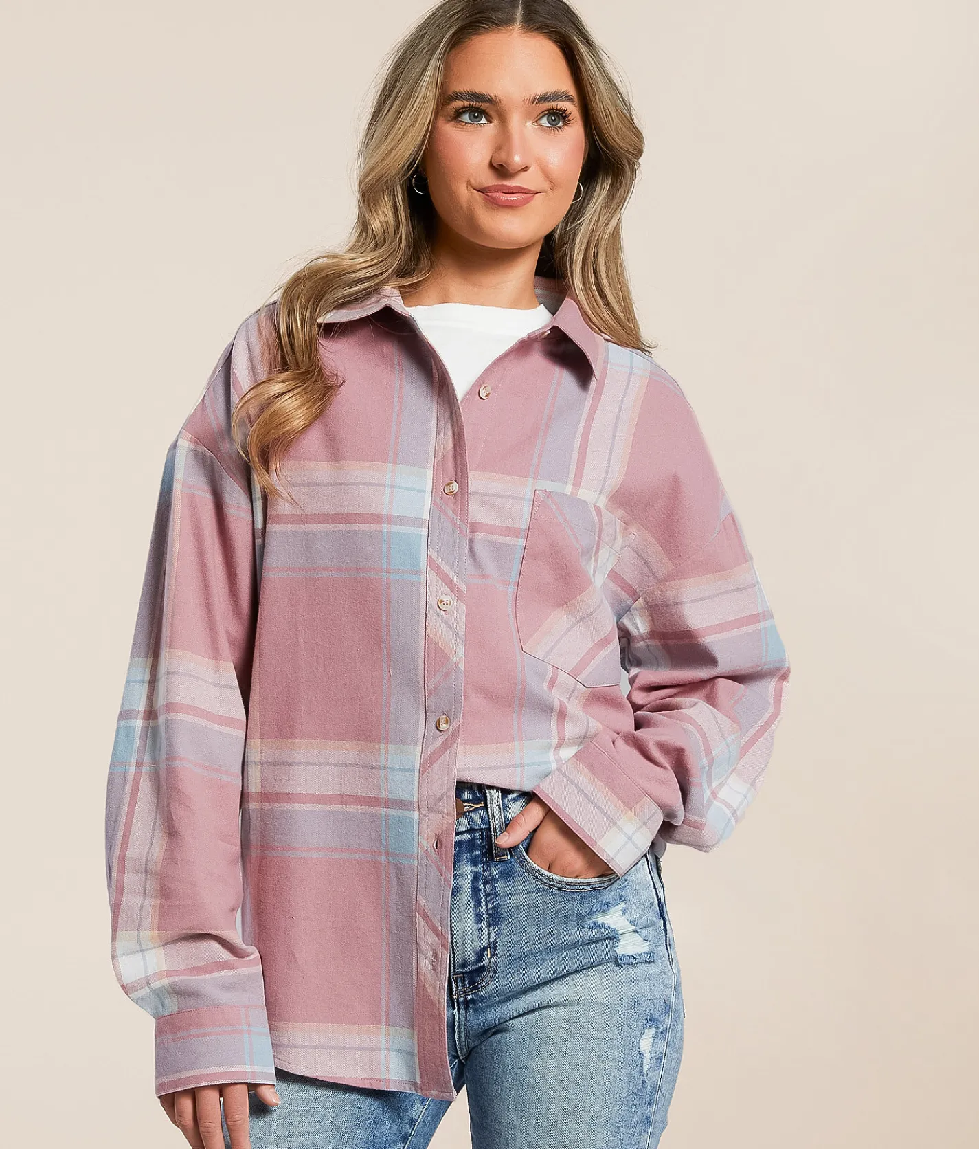 Modish Rebel Plaid Boyfriend Shirt Mauve Discount