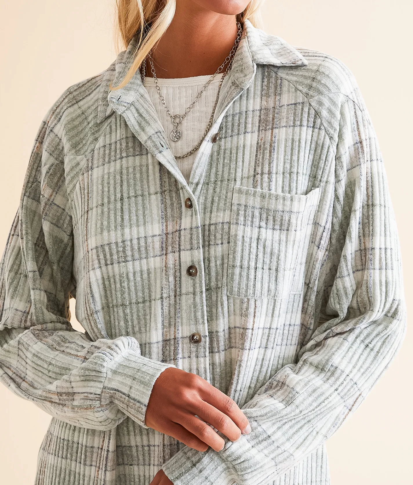 Tops | Modish Rebel Plaid Brushed Knit Shirt Dusty Blue