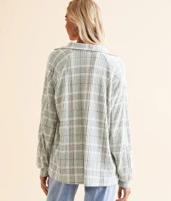 Tops | Modish Rebel Plaid Brushed Knit Shirt Dusty Blue