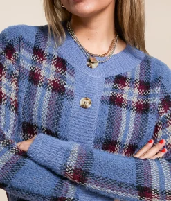 Gilded Intent Plaid Cardigan Sweater China Blue Plaid