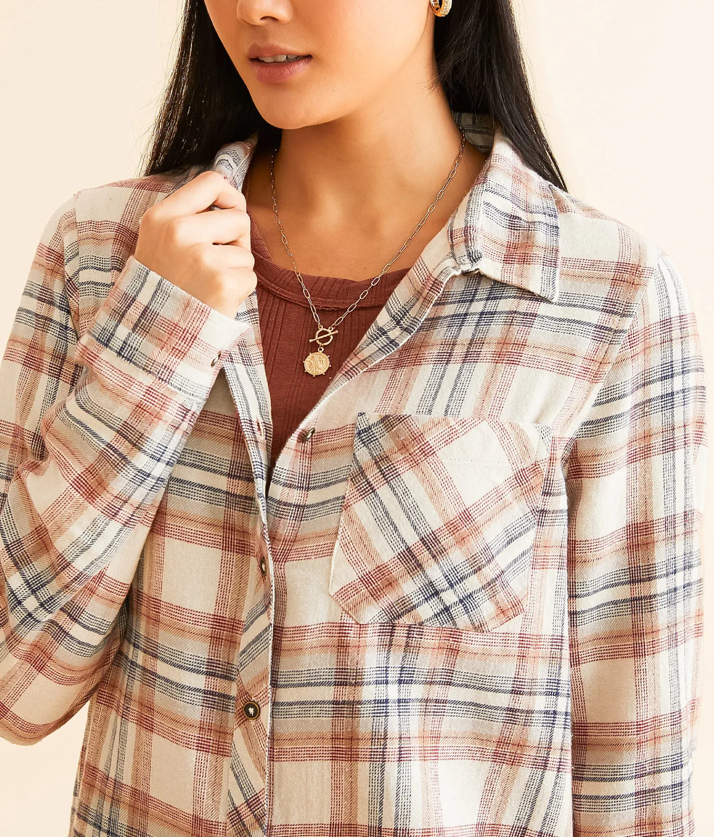 BKE Plaid Eased Flannel Shirt Cream Navy