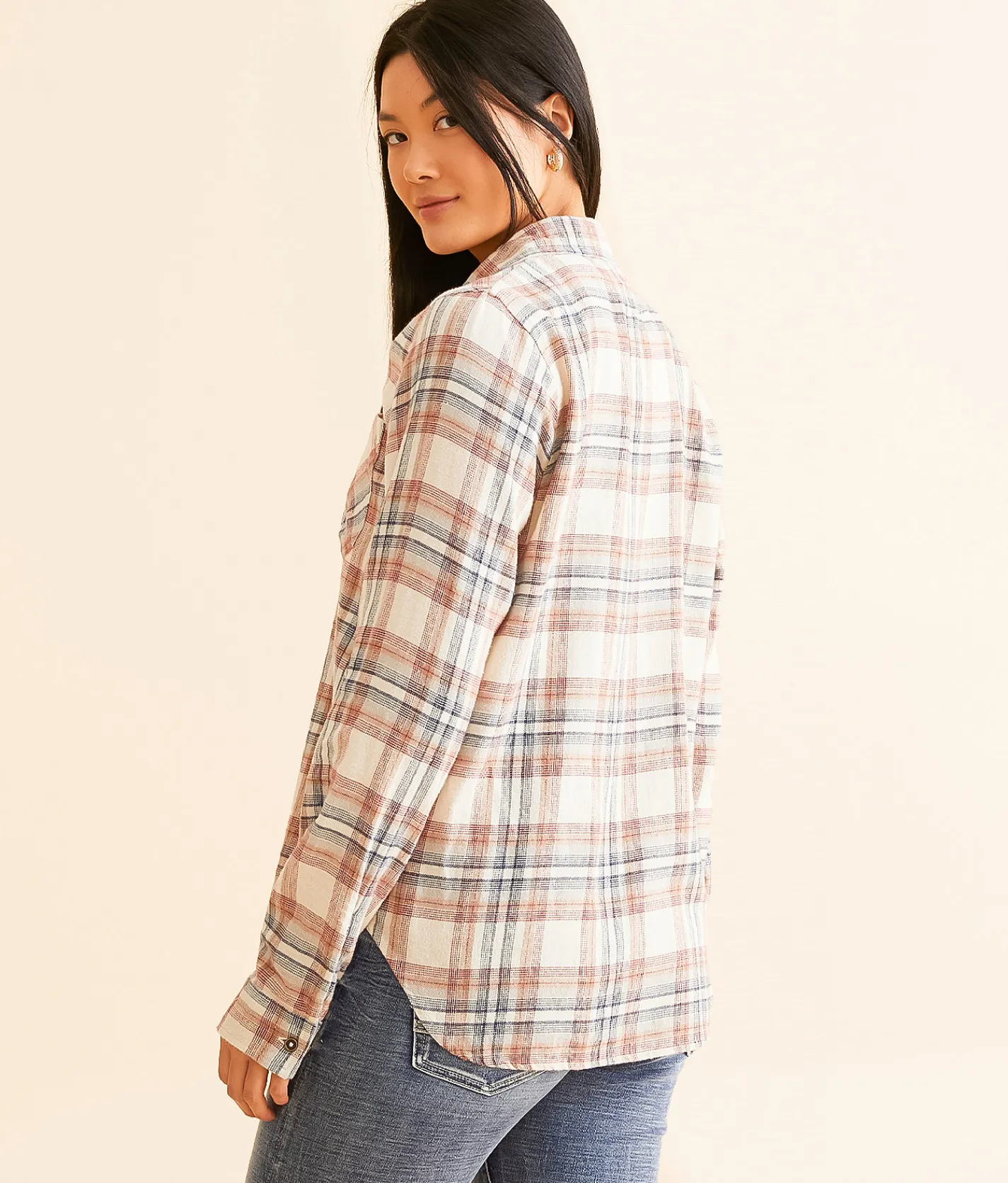 BKE Plaid Eased Flannel Shirt Cream Navy
