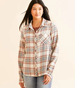 BKE Plaid Eased Flannel Shirt Cream Navy