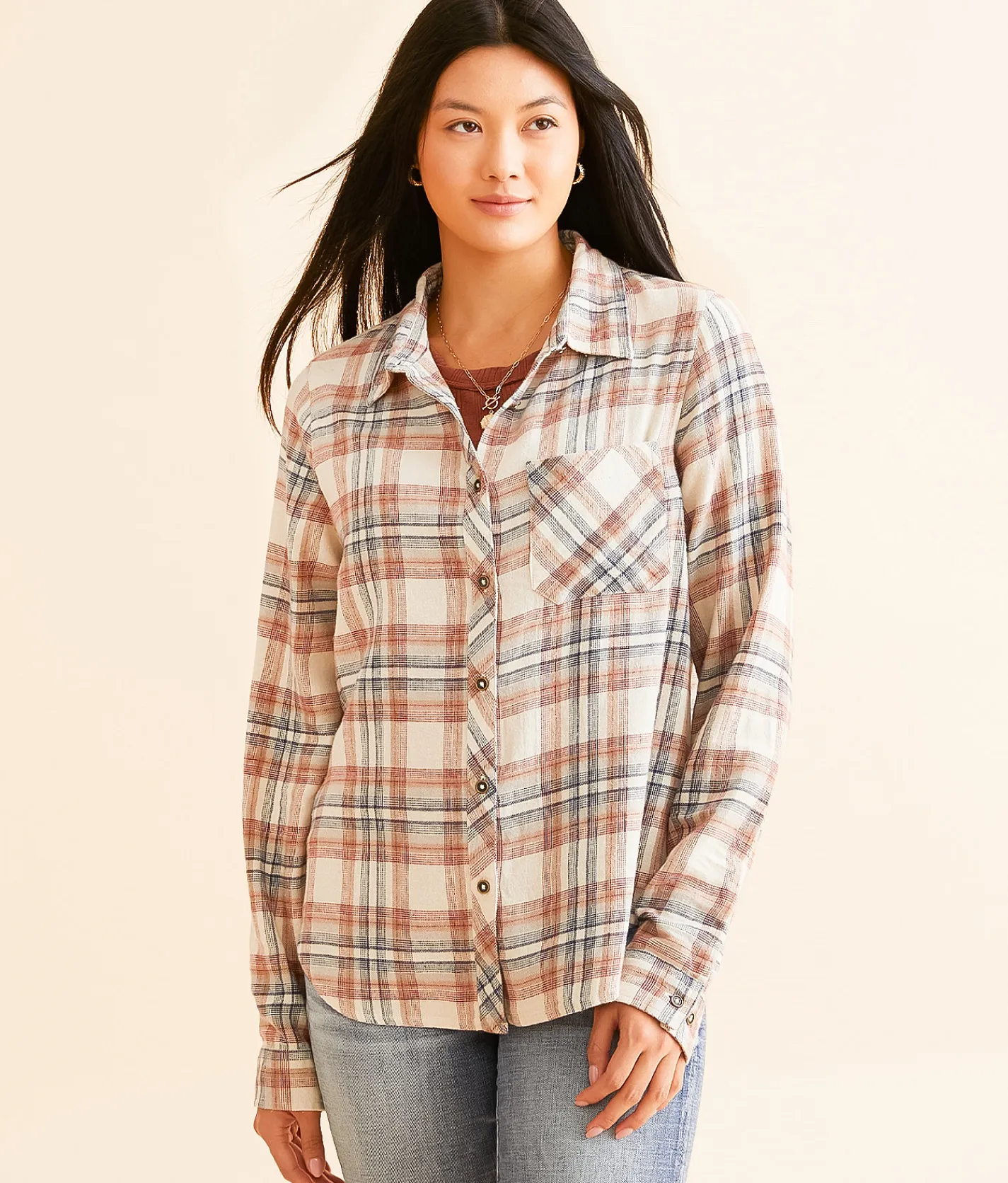 BKE Plaid Eased Flannel Shirt Cream Navy