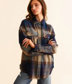 BKE Plaid Flannel Boyfriend Shirt Navy Multi New
