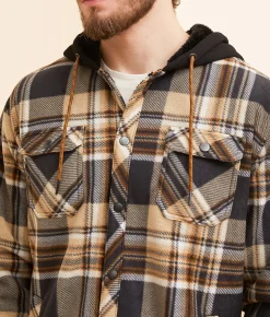 Coats & Jackets | Departwest Plaid Fleece Hooded Shacket Black Khaki