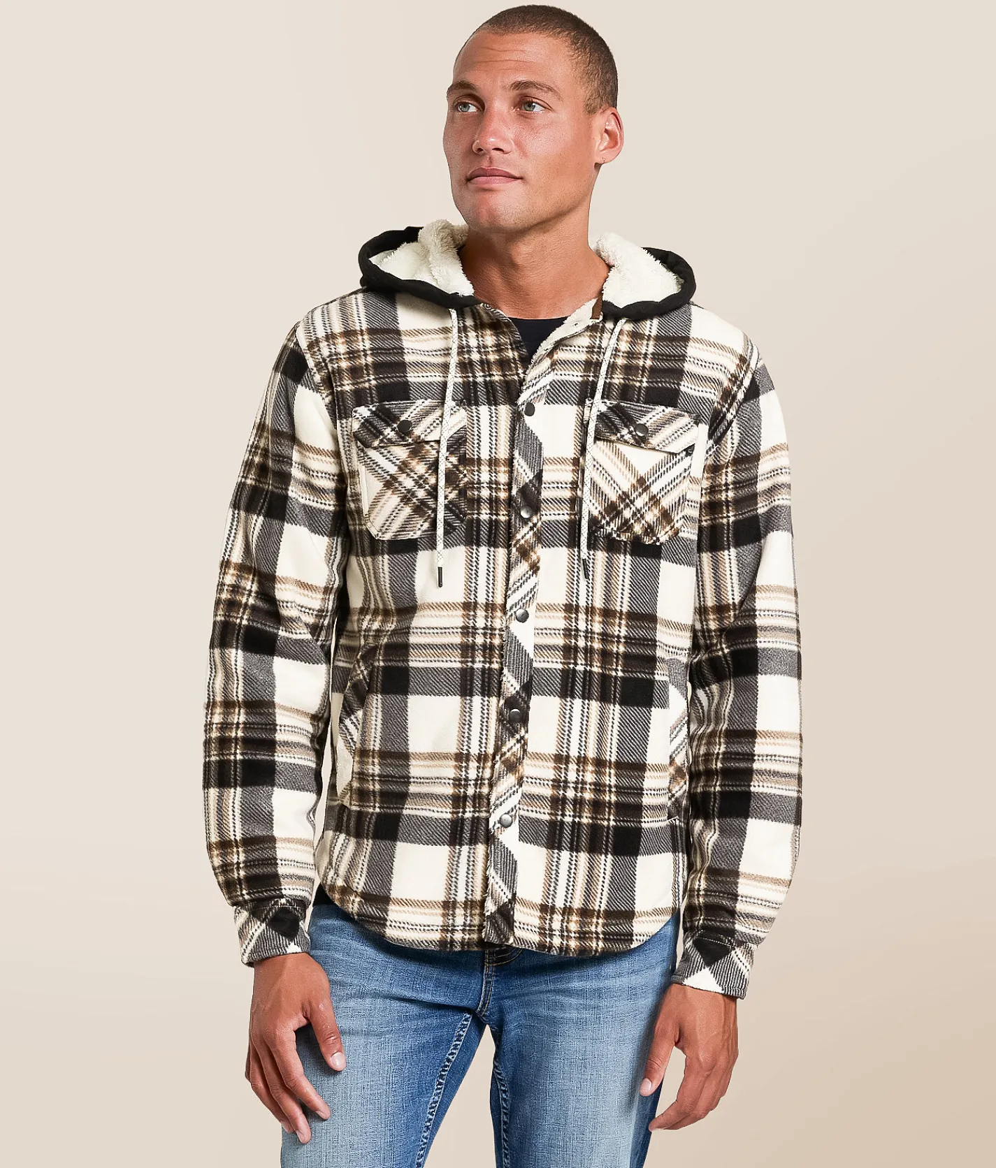 Departwest Plaid Fleece Hooded Shacket Cream Navy Tan Sale
