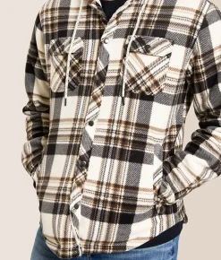 Departwest Plaid Fleece Hooded Shacket Cream Navy Tan Sale