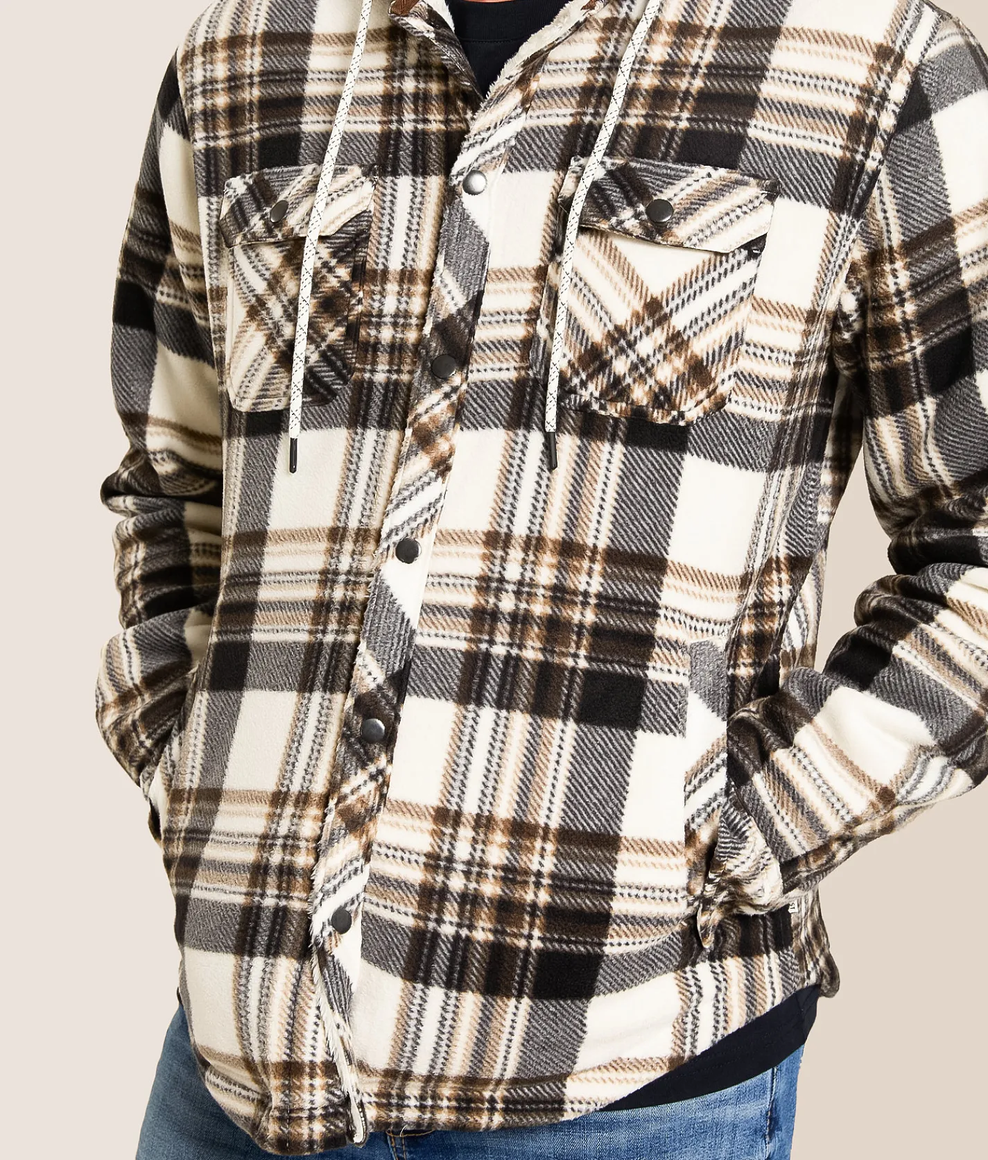 Departwest Plaid Fleece Hooded Shacket Cream Navy Tan Sale