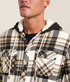 Departwest Plaid Fleece Hooded Shacket Cream Navy Tan Sale